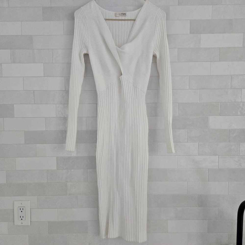 Ramy Brook $425 Pilar Rib-Knit Cutout Twist Bodycon Midi Long Sleeve Dress White - Picture 2 of 8
